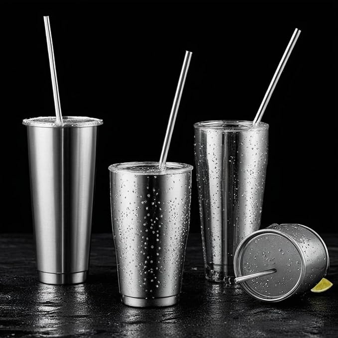 16 Pack of Reusable Stainless Steel Metal Straws, 8 Straight + 8 Bent 8.5 Inch Metal Straws with 2 Cleaning Brushes Dishwasher Safe