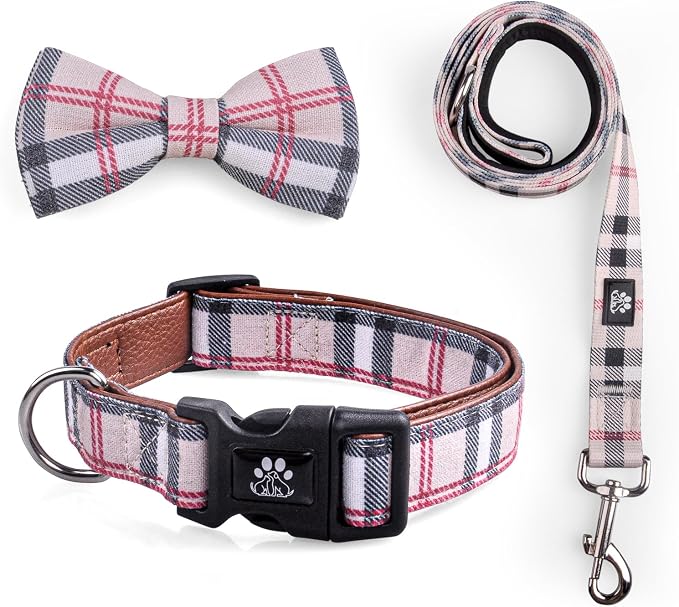 IVY&LANE Dog Collar with Bowtie and Leash Set | Plaid Adjustable Dog Collar | Detachable Bow Tie |5 FT Dog Leash | for Small Medium Large Dogs | Checkered Beige | Large