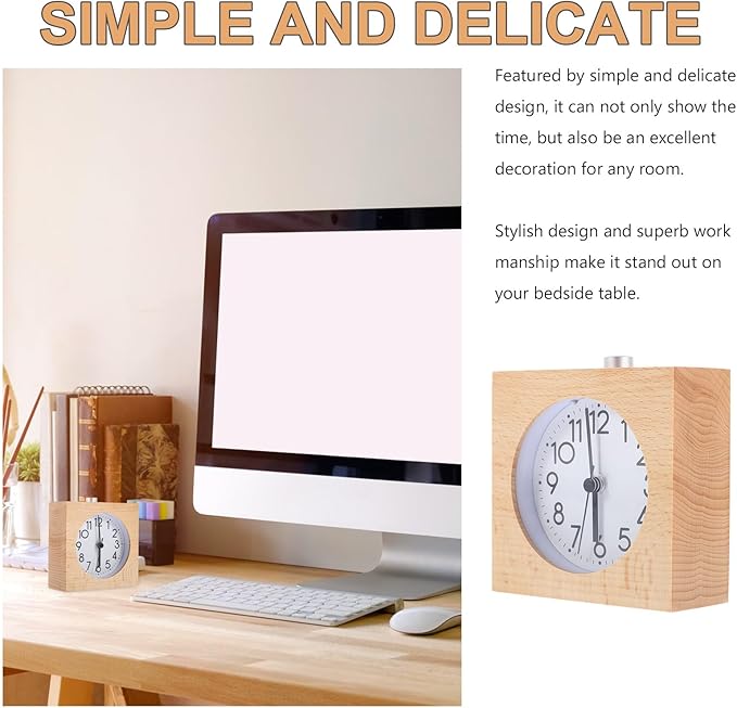 Luxshiny Wood Tabletop Alarm Clock Square Natural Wood Desktop Clock with Digital Display for Office and Household Use