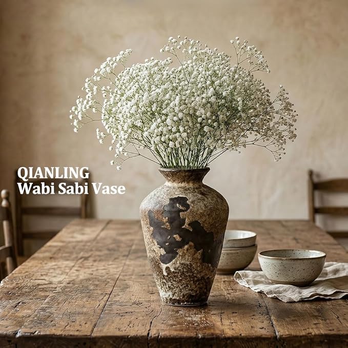 Wabi Sabi Decor Rusty Vintage Vase - 8.7" Tall Rustic Farmhouse Wabi Sabi Vase for Centerpiece, Pottery Stone Flower Vases for Home Decor, Table, Living Room, Bedroom, Bathroom, Kitchen (Rusty Stone)