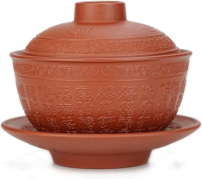 Yixing Zisha Purple Clay Gaiwan 5 Oz/ 150ml,Chinese Kungfu Tea Bowl Cup,Blooming and Loose Leaf Tea Maker Set -Baifu,Red Clay