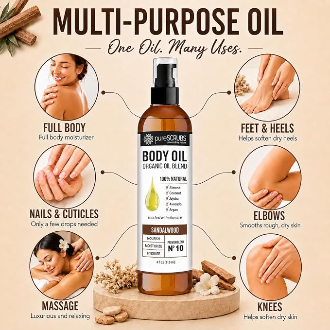 pureSCRUBS Ultra Moisturizing Sandalwood Body Oil for Dry Skin, 4oz | Luxurious After Shower Body Oil for Soft, Silky, Glowing Skin, Non-Greasy, Fast Absorbing & Hydrating Formula with Vitamin E