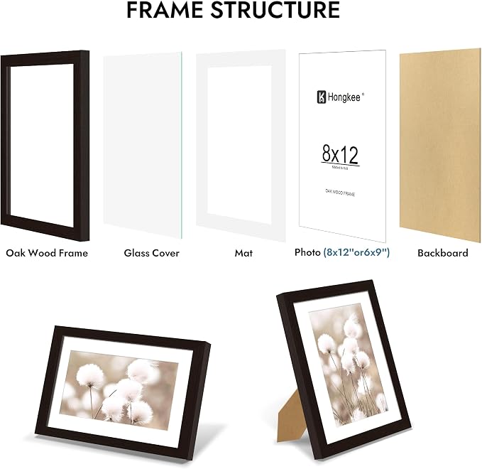 Hongkee 8x12 Oak Wood Picture Frame 1 Pack(Matted 6x9), Real Glass Cover | Black, 8 x 12 Solid Wood Frame for Wall or Tabletop Display - Includes Easel Back, Vertical Hang - Ideal for Home, Office