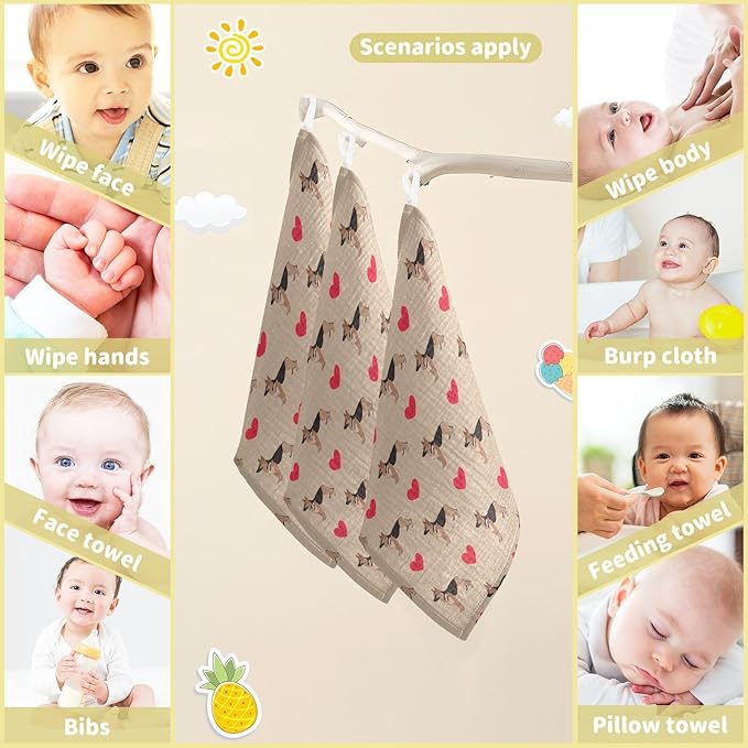 Baby German Shepherd Dog Heart Msulin Washcloths Newborn Face Towel - Baby Muslin Burp Cloths 5 Pack Soft Absorbent Natural Cotton Wash Towel 11.8"X11.8" Baby Bath Towels Wipes