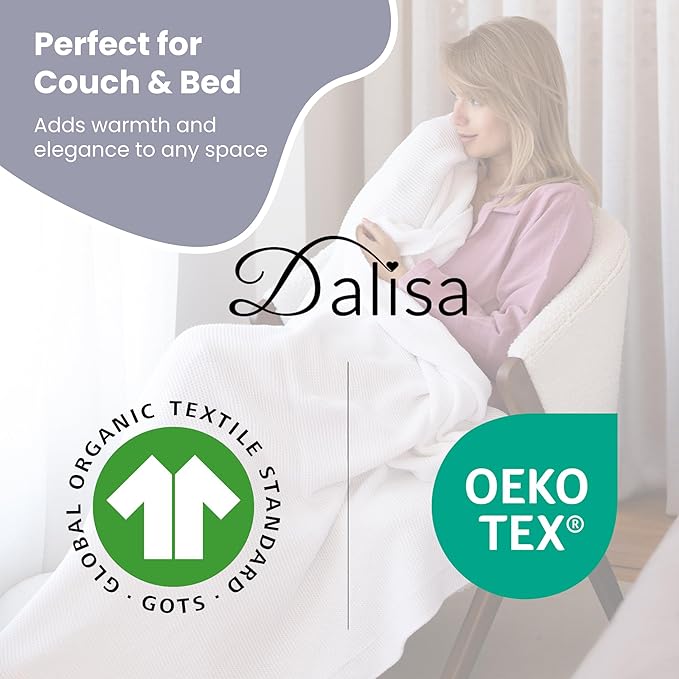 Dalisa 100% Organic Turkish Cotton Throw Blanket - GOTS Certified, Cozy - Perfect for Couch, Bed, and Home Decor - Boho Vintage Knit Alina (White, 60x80)