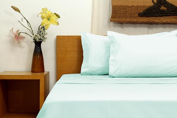 Organic Cotton Long Staple Silky Soft Single Pick Sateen Bed Sheet Set - Luxurious & Premium Hotel Quality - GOTS Certified - Solid Dyed (Clear Water, King (U.S. Standard))