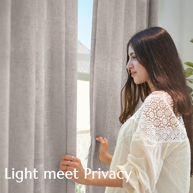 jinchan Linen Curtains for Living Room Bedroom Light Filtering Semi Sheer Curtains Boho Farmhouse French Country Cottage Core Decor Window Drapes Back Tab 96 Inch Length Tassel Taupe