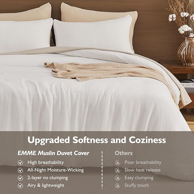 EMME Cream White Muslin Duvet Cover Queen Size, 100% Cotton Soft Gauze Bedding Set with 2 Pillowcases, Breathable Lightweight All Season Comforter Cover with Zipper & Corner Ties, 90"x90"