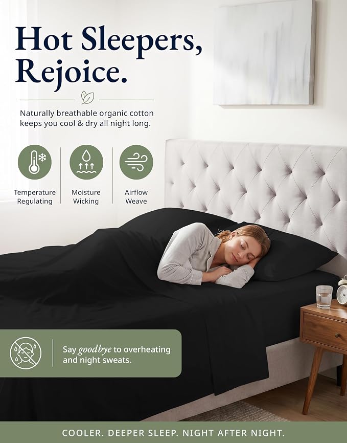 LANE LINEN 100% Organic Cotton Twin XL Fitted Sheet & Pillowcase - Soft & Breathable Percale Weave Set for Naturally Cooling Behaviour - 15''Deep Pocket for Snug Fit - GOTS Certified - Black
