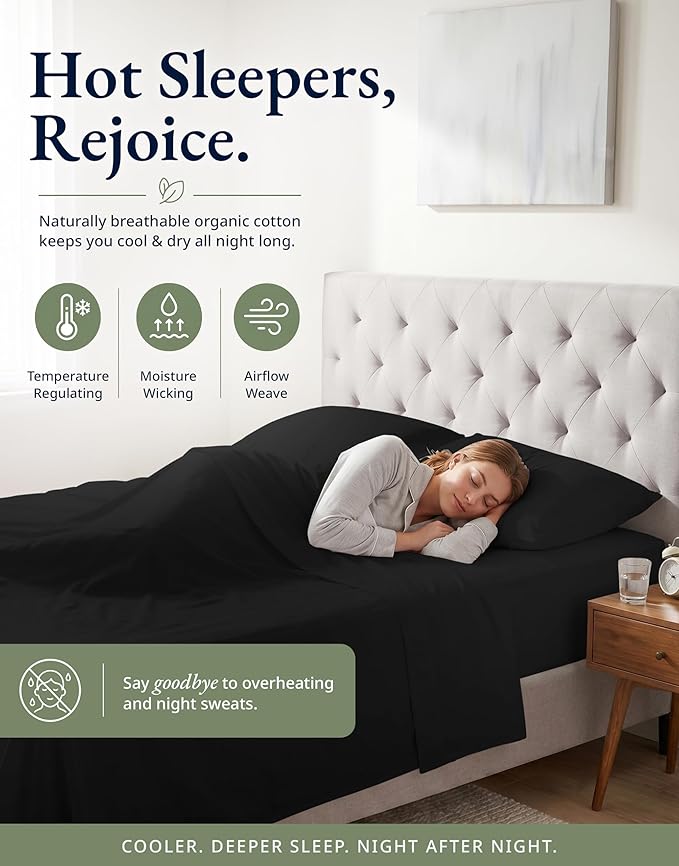 LANE LINEN 100% Organic Cotton Full Fitted Sheet & Pillowcases (No Flat Sheet) - Soft & Breathable Percale Weave Set for Natural Cooling - 15'' Deep Pocket for Snug Fit - GOTS Certified - Black