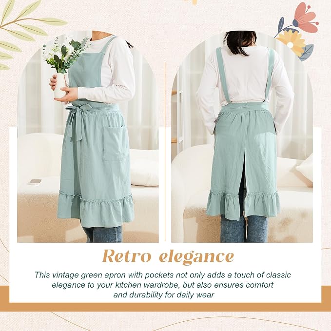 100% Cotton Aprons with Pockets Pinafore Dress for Women Vintage Cute Aprons for Kitchen Baking Gardening Painting