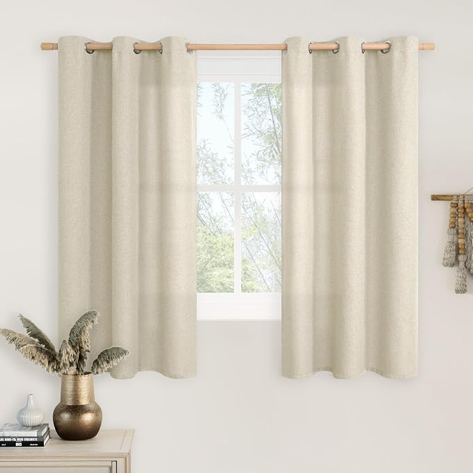 LAMIT Natural Linen Thermal Curtains for Bedroom, 54 inches Grommet Soft Thick Burlap Farmhouse Curtains Noise Reducing Light Filtering Drapes for Living Room/Farmhouse, 2 Panels, W42 x L54