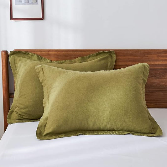 100% French Linen Pillow Shams Basic Style - Pack of 2 - Washed Solid Color Natural Flax Soft Breathable - Olive, 20'' x 26''