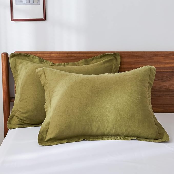 100% French Linen Pillow Shams Basic Style - Pack of 2 - Washed Solid Color Natural Flax Soft Breathable - Olive, 20'' x 36''