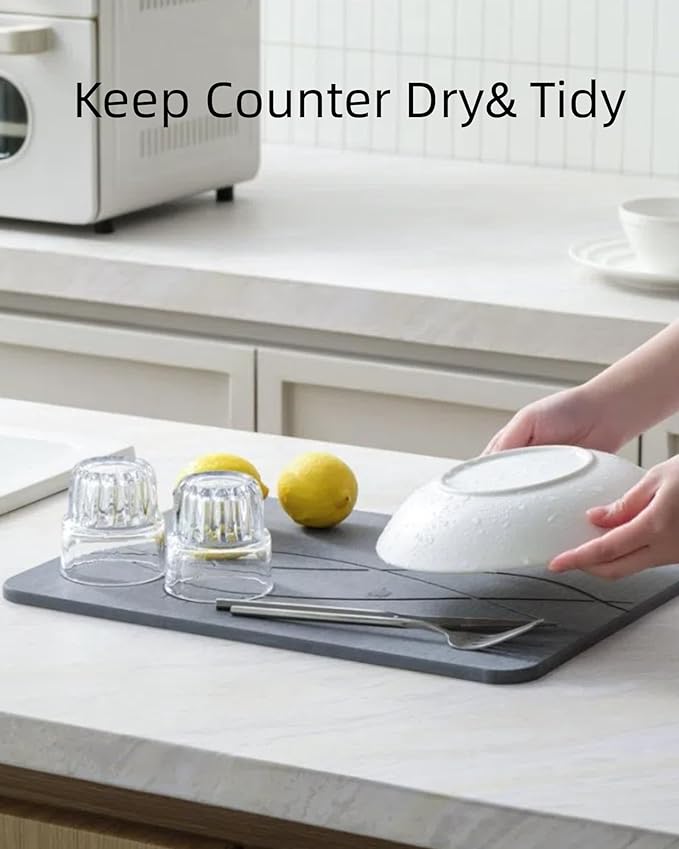 Large Stone Drying Mat for Kitchen Counter, Water-Absorbent Diatomaceous Earth Dish Drying Mats, Quick Dry Stone Dish Drying Mat Multi-Purpose Stone Drying Tray for Cups Dishes Bottles 24*16in, Grey