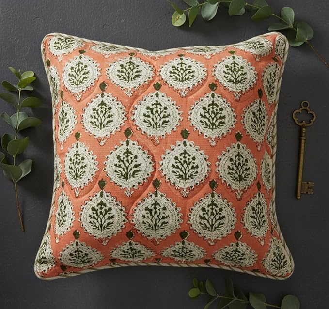 ATOSII Block Print Throw Pillow Covers, 18" X 18" - Set of 2, Decorative Couch Pillows for Living Room Bed Sofa, 100% Cotton Canvas Pillow Case for Home Decor & Outdoors, Preppy Throws - Kari