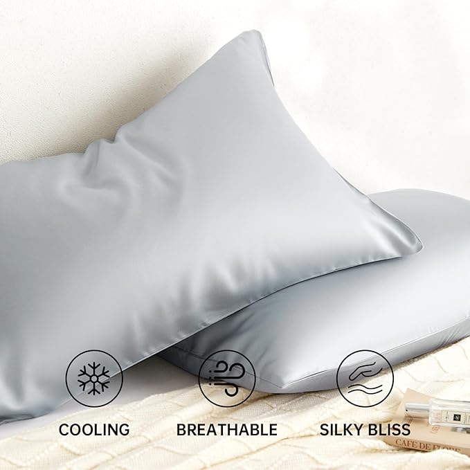 100% Tencel Pillowcase, Hair and Skin Friendly, Soft and Smooth，Cooling Silk Pillowcases for hot Sleepers,Queen Pillowcases Set of 2,Hair and Skin Friendly,Grey, 20x30In