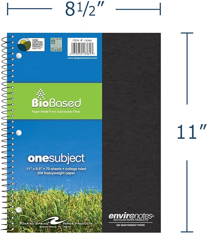 ROARING SPRING Environotes Recycled One Subject Spiral Notebook, Heavyweight College Ruled BioBased Paper, 11" x 8.5" 70 Sheets, Assorted Earthtone Covers