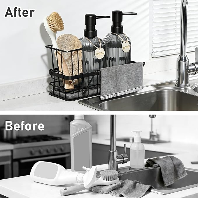 Kitchen Soap Dispenser Set, 14.4 oz/425 ml Hand and Dish Soap Dispenser Set, Dish Soap Dispenser with Sponge Holder & Diatomite Tray, for Countertop Organizer, Black