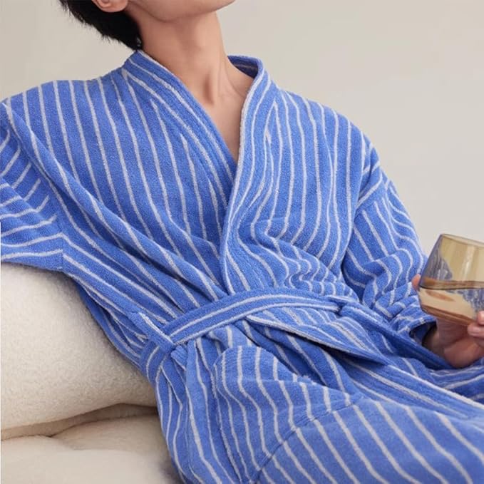 Cotton Terry Stripe Bathrobe For Women And Men,Luxury Kimono Soft Terry Cloth Robe,Comfortable Loungewear Nightwear