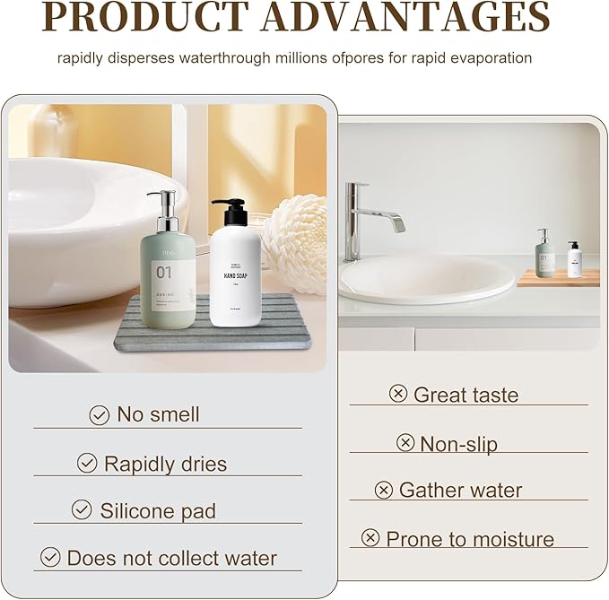 2 PCS Water Absorbent Diatomite Rectangle Coasters with Grooved Design - Thirsty Absorbing Stone Tray for Soaps Dish, Hand Soaps, Plants, Toiletries - Keep Bathroom & Kitchen Counter Tops Dry & Tidy