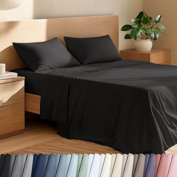 Bare Home 100% Organic Cotton Queen Sheet Set - Crisp Percale Weave - Lightweight & Breathable - Bedding Sheets & Pillowcases (Queen, Black)