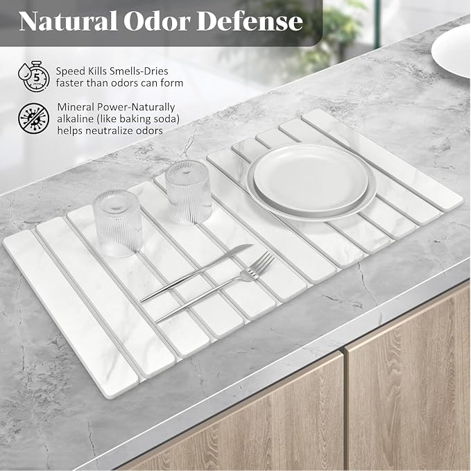 2 PCS Extra Large Stone Dish Drying Mats for Kitchen Counter, 28"(L)×16"(W) Dish Drying Mat with 8"x 4" Coasters, Eco-Friendly Diatomite Dish Drying Mat - Fits All Countertops - White Marble