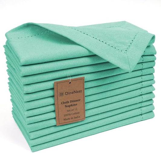 Hemstitch Dinner Napkins 100% Cotton Set of 12 - for Dining Weddings Parties Holidays Easter Everyday Use - Soft Durable Washable Table Napkins - 18x18 Inch Cloth Napkins Turquoise Blue