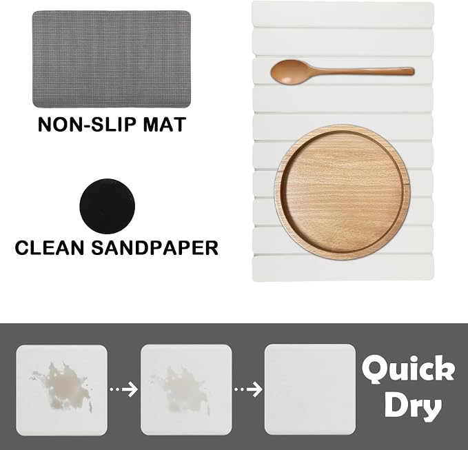 Large Stone Dish Drying Mat for Kitchen Counter, 24"(L)x16"(W) Quick Dry Eco-Friendly Collapsible Absorbent Diatomaceous Earth Mats for Dishes Bottles Cups, Match Any Countertop