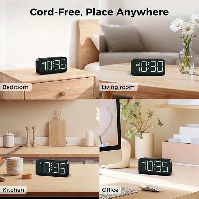 Acedeck Battery Operated Digital Clock: Cordless Small Alarm Clock for Bedroom Travel - Large Numbers 4 Dimmers for All Ages White Digits
