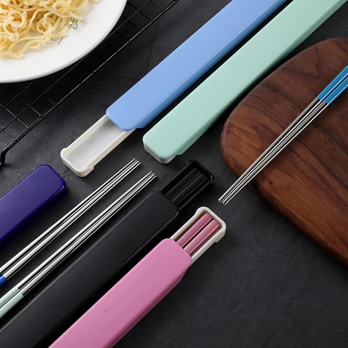 Chopsticks with Travel Case,Ultralight and Reusable for Camping 9'' 4PC | Portable,SUS304 Stainless Steel, with Case,Black Blue Green Light Blue, For Travel, Bento Box, Alternative to Wooden