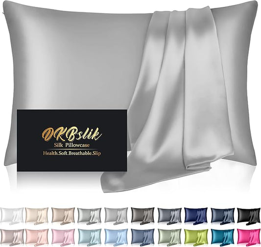 Silk Pillowcase for Hair and Skin, Mulberry Silk Pillow Cases Queen Size, Smooth Anti Acne Cooling Sleep Both Sides Natural Silk Satin Pillowcases with Hidden Zipper, Gifts for Women Men, Grey