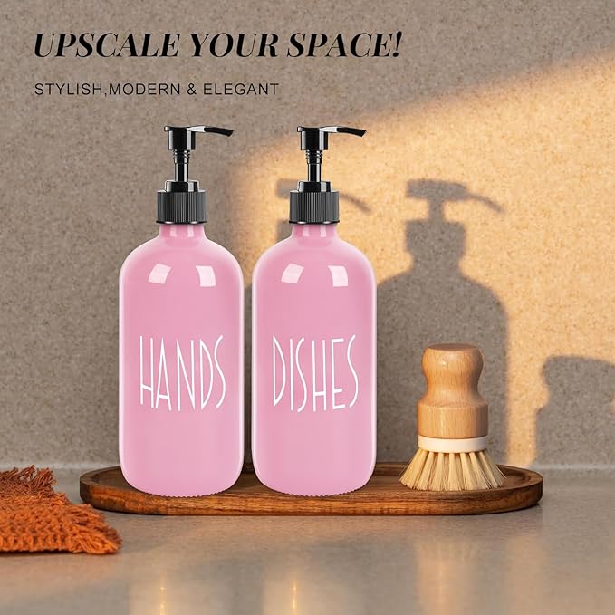 Glass Soap Dispenser with Plastic Pump for Kitchen - 16 OZ Glass Hand Soap Dispenser Set - Kitchen, Bathroom for Decor and Accessories (Pink)