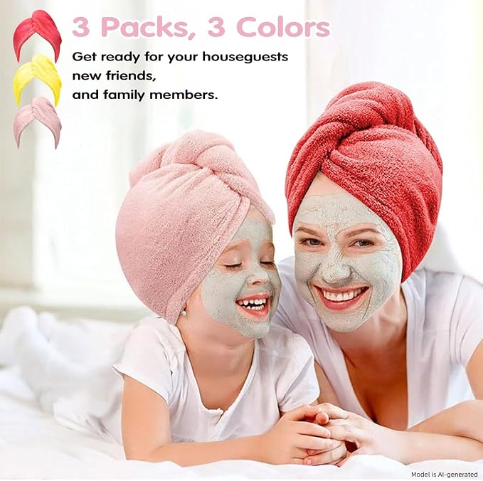 3 Pack Microfiber Hair Towel Wrap, Multi Color Red Yellow Pink Quick Dry Hair Turban for Women,Super Absorbent Soft Hair Drying Cap for Long Thick Curly Hair, Shower Bath Travel Hair Wrap
