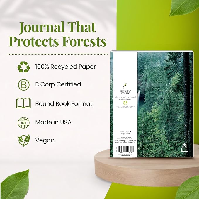 Photoreal Journal, 100% Recycled, Serene Forest, 9.75" x 7.75", 192 Pages Dotted Grid, Perfect Bound, FSC Certified, Made in USA