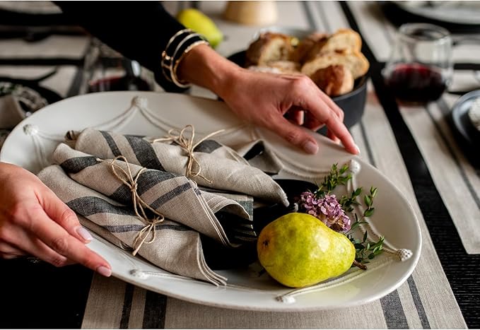 Solino Home Linen Dinner Napkins 20 x 20 Inch - 100% Pure Linen French Stripe Black and Natural Napkins Set of 4 for Summer