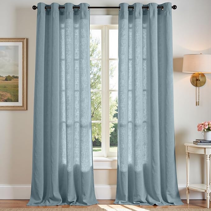 jinchan Linen Blue Semi Sheer Curtains 96 Inch Long 2 Panels for Living Room Grommet Dark Flax Light Filtering Curtains Home Office Minimalist Decor Drapes Suitable for Bathroom and Bedroom 50x96 Inch