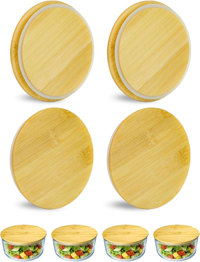 Replacement Wooden Lids for Pyrex, Anchor Hocking Glass Containers 7200 * 4, Bamboo Lids for Pyrex 2Cup Glass Bowls, Bowl Covers with Leakproof Silicone Gasket 4 Pack