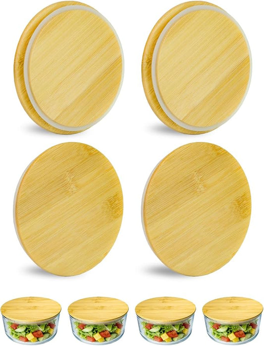 Replacement Wooden Lids for Pyrex, Anchor Hocking Glass Containers 7200 * 4, Bamboo Lids for Pyrex 2Cup Glass Bowls, Bowl Covers with Leakproof Silicone Gasket 4 Pack