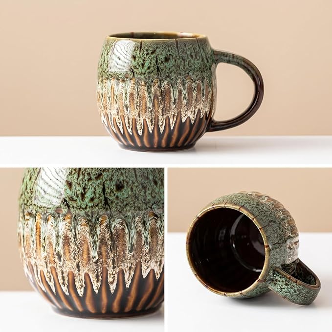 13oz Large Coffee Mug - Unique Handcrafted Look Ceramic Cup, Large Tea Mug, Microwave & Dishwasher Safe (green,Set of 4)