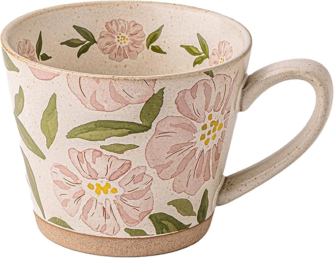 15oz Vintage Floral Ceramic Coffee Mug, Hand-Painted Lead-Free Tea Cup with Comfort Handle, Microwave & Dishwasher Safe for Home Office & Gift for Women (Pink Floral, 15, ounces)