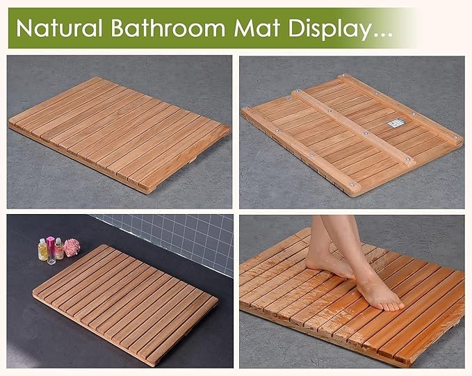 24 28 30 34 38 40 44 inch Teak Solid Wood Shower Floor Mat with Non-Slip Feet and Center Drainage Hole Large Bath Mat for Indoor Showers/Tile Floors(30x30cm/12x12in)