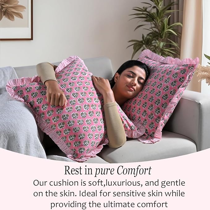 CPC Poppy Pink Ruffle Throw Pillow Covers for Couch, 24x24 Inch Cotton Stripe Ruffle Couch Pillows for Living Room, Hidden 20 Inch Zipper Boho Pillow Case or Cute Outdoor Pillows