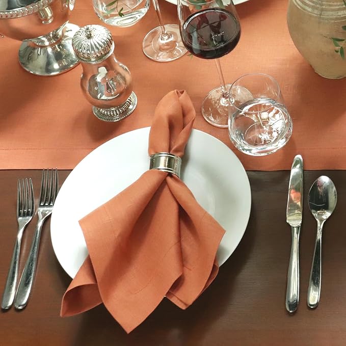 Huddleson Sienna Rust Orange Linen Napkin 20x20 (Set of Four) Luxury Italian Linen Napkin Sewn in US