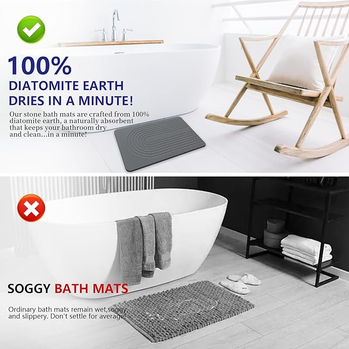 Fast Drying Stone Bath Mats for Bathroom, Non-Slip Diatomaceous Earth Bath Mat, Super Absorbent Bath Mat Stone Dark Gray Arcana