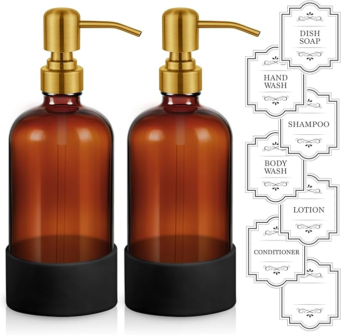 16 oz Hand and Dish Soap Dispenser Set for Kitchen and Bathroom, 500ml Amber Glass Soap Dispenser with Stainless Steel Golden Pump, Non-Slip Silicone Sleeves, Labels - 2 Pack