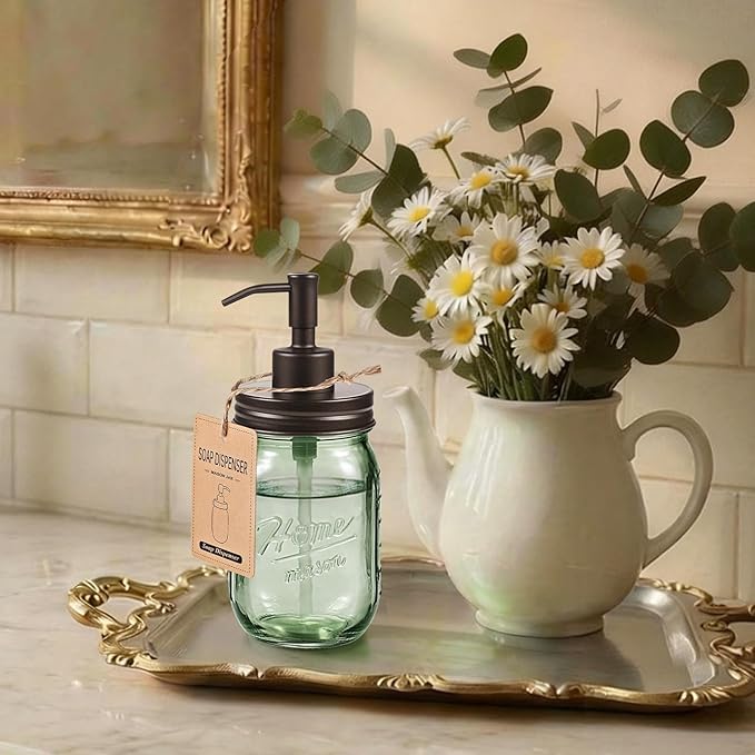 SheeChung Mason Jar Green Glass Soap Dispenser, Stainless Steel Pump, Refillable Dish soap Dispenser for Kitchen, 16Oz Bathroom Hand Soap Dispenser for Lotion, Liquid, Farmhouse Decor-Bronze, 2 Pack