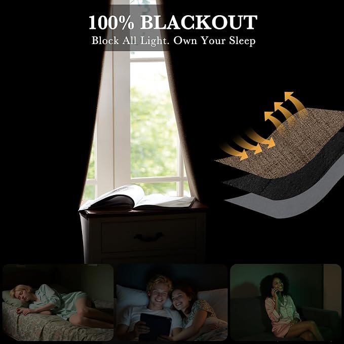 RYB HOME Brown 100% Blackout Linen Curtains 72 inch Long, Thermal Insulated & Privacy Assurd Drapes for Bedroom/Office/Nursery, Rod Pocket & Back Tab Window Treatment, W52 X L72, 2 Panels