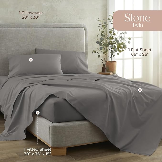 100% Organic Cotton Sheets Twin Size - GOTS Certified Organic Bed Sheets with Deep Pocket 300 Thread Count & Cozy Sateen Weave Gets Softer with Each Wash - Luxury 3 Piece Set (Stone, Twin)