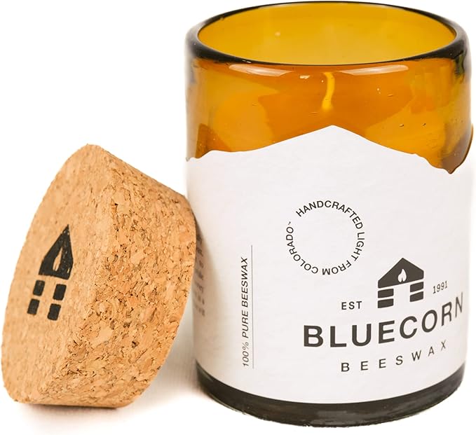Bluecorn Beeswax 1-Wick Candle, 100% Pure Bees Wax, Amber Glass, Fragrance Free Candle Wax, Soy Free, Clean Burning, Long Lasting (35 Hr), Home Decor, Gifts for Women & Men, American Made, 8 Oz, 1 Ct
